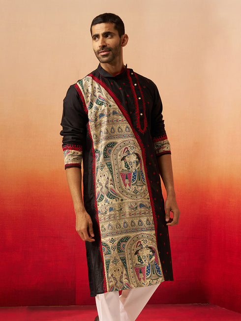 Vastramay Men Black Cotton High Neck Digital Print Kurta